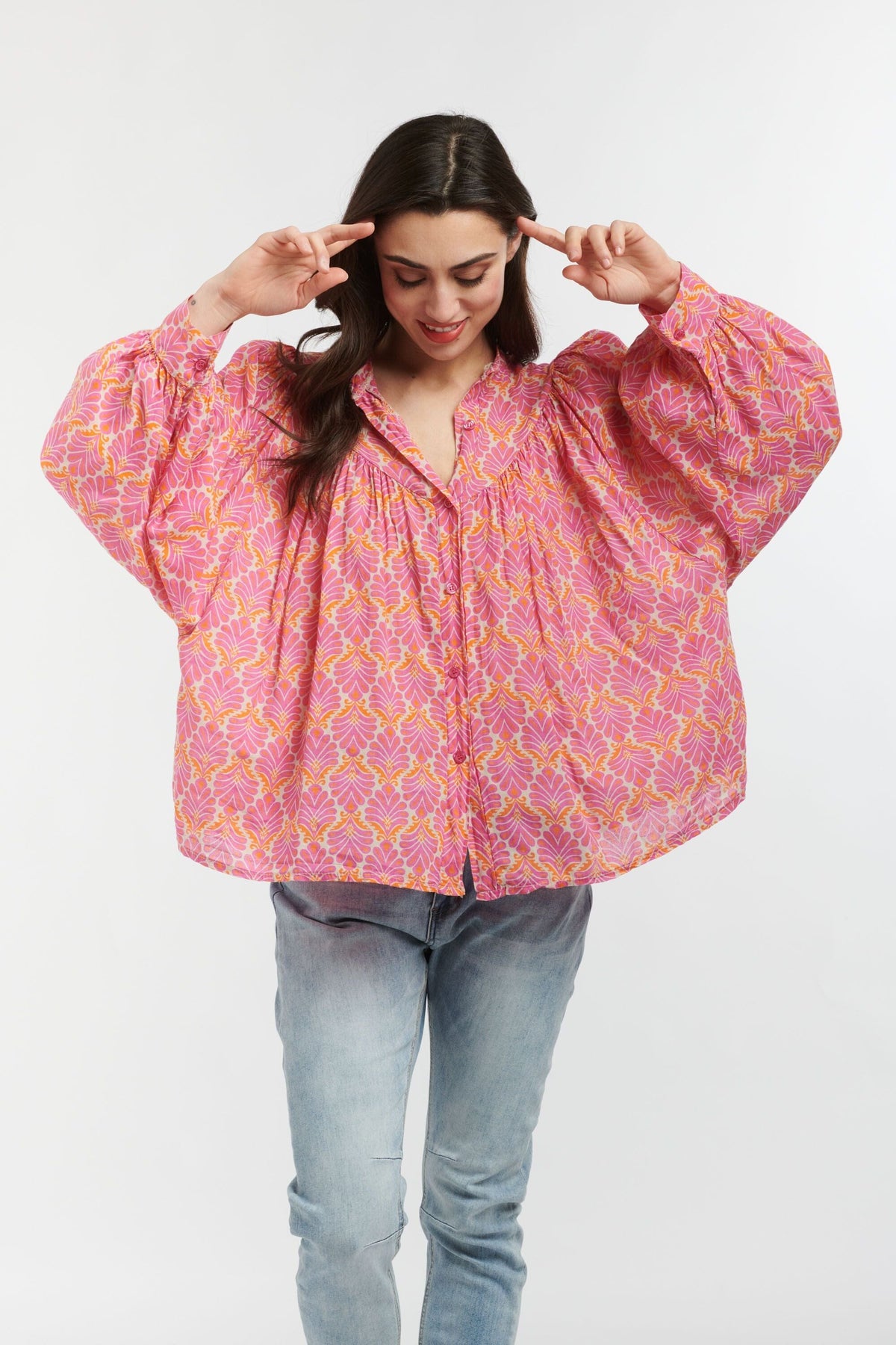 ITALIAN STAR Sybil Blouse - Feather Print Pink Fuxia Orange Shirts & Blouses - Zabecca Living