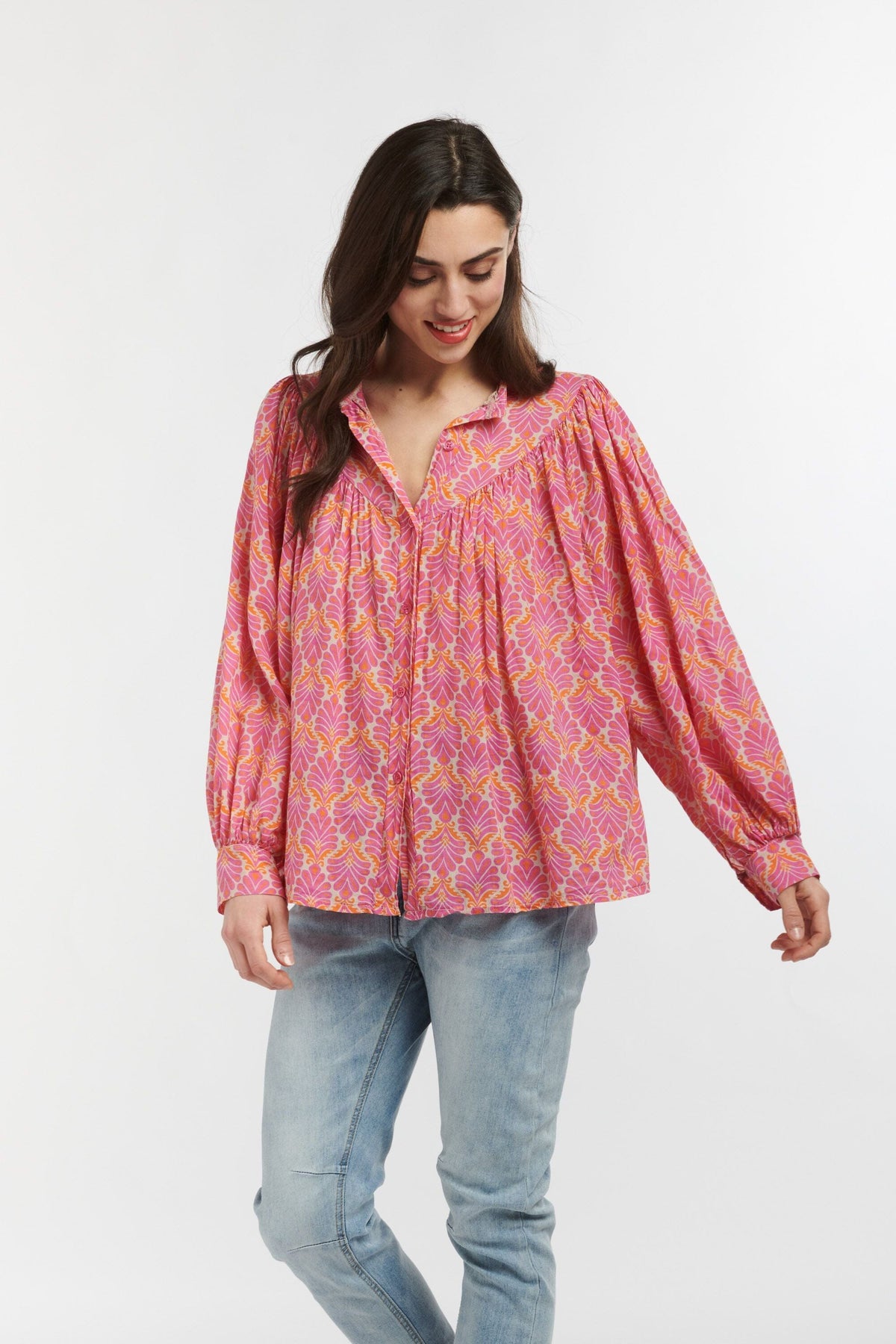 ITALIAN STAR Sybil Blouse - Feather Print Pink Fuxia Orange Shirts & Blouses - Zabecca Living