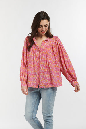 ITALIAN STAR Sybil Blouse - Feather Print Pink Fuxia Orange Shirts & Blouses - Zabecca Living