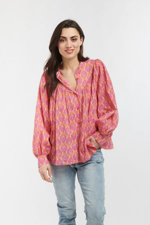 ITALIAN STAR Sybil Blouse - Feather Print Pink Fuxia Orange Shirts & Blouses - Zabecca Living