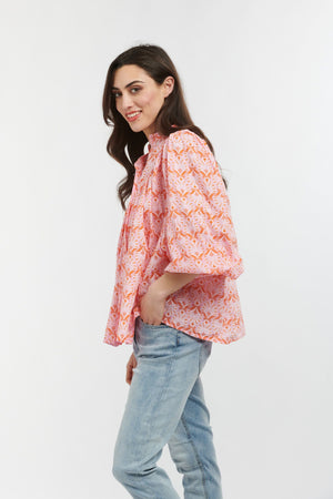 ITALIAN STAR Sybil Blouse - Feather Print Soft Pink Orange White Shirts & Blouses - Zabecca Living