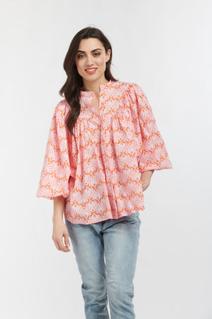 ITALIAN STAR Sybil Blouse - Feather Print Soft Pink Orange White Shirts & Blouses - Zabecca Living