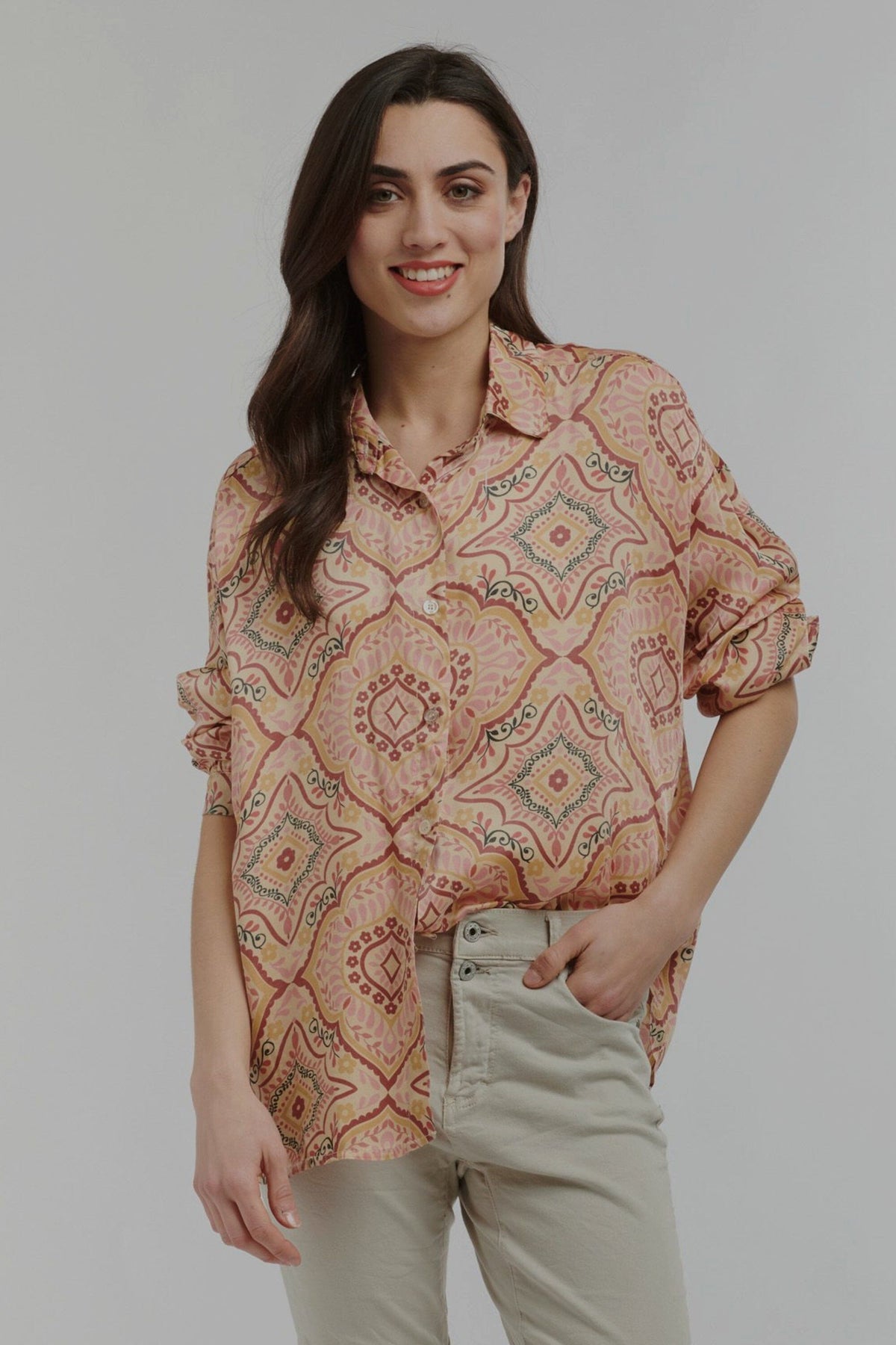 ITALIAN STAR Tuscany Shirt - Jardin Print Gold Shirts & Blouses - Zabecca Living