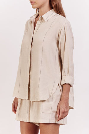 LITTLE LIES The Ainsley Shirt - Beige Pinstripe Shirts & Blouses - Zabecca Living