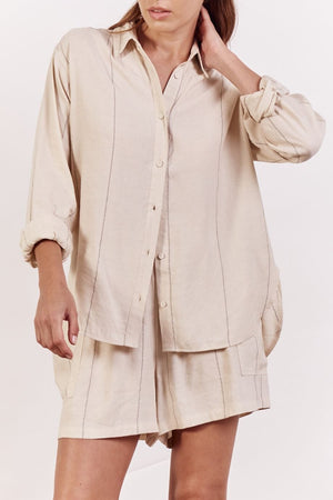 LITTLE LIES The Ainsley Shirt - Beige Pinstripe Shirts & Blouses - Zabecca Living