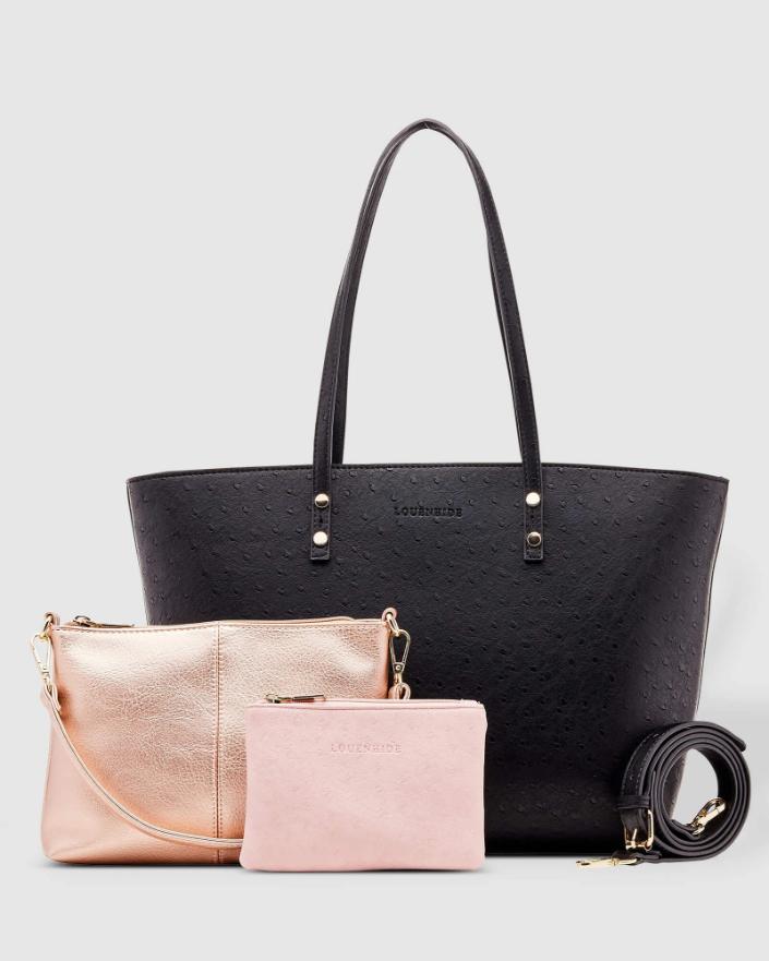 LOUENHIDE Riley Trio Ostrich Tote Bag - Black HANDBAG - Zabecca Living