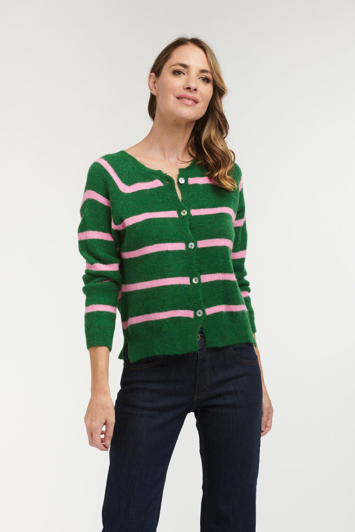LOVE FROM ITALY Lana Stripe Cardigan - Green with Pink Stripe CARDIGAN - Zabecca Living