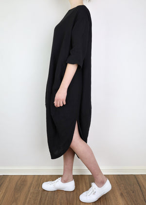 MONTAIGNE Scallop Linen Dress - Black Dress - Zabecca Living