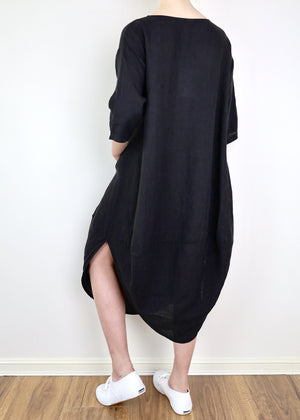MONTAIGNE Scallop Linen Dress - Black Dress - Zabecca Living
