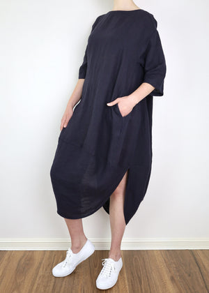 MONTAIGNE Scallop Linen Dress - French Navy Dress - Zabecca Living