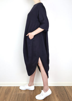 MONTAIGNE Scallop Linen Dress - French Navy Dress - Zabecca Living