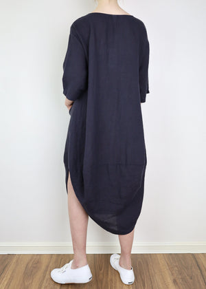 MONTAIGNE Scallop Linen Dress - French Navy Dress - Zabecca Living