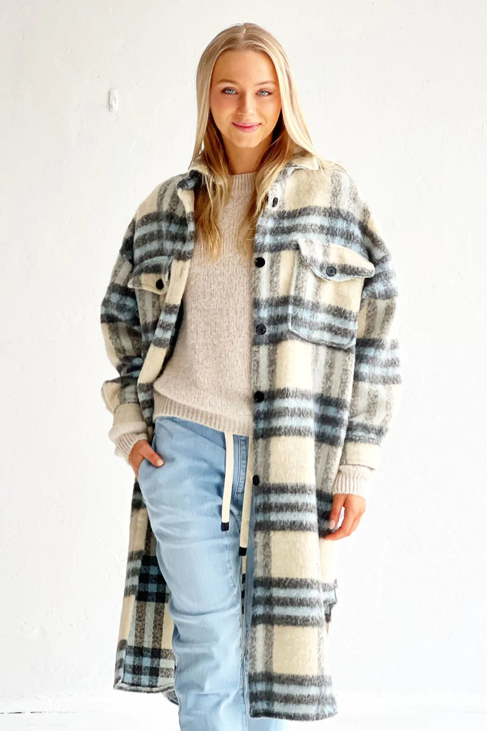 MOSK MELBOURNE Stirling Jacket - Pale Blue and Cream Jackets + Coats - Zabecca Living