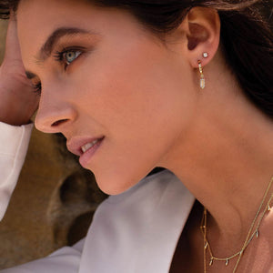 MURKANI Hanging Baguette White Topaz Huggies - 18KT Gold Plate Earrings - Zabecca Living