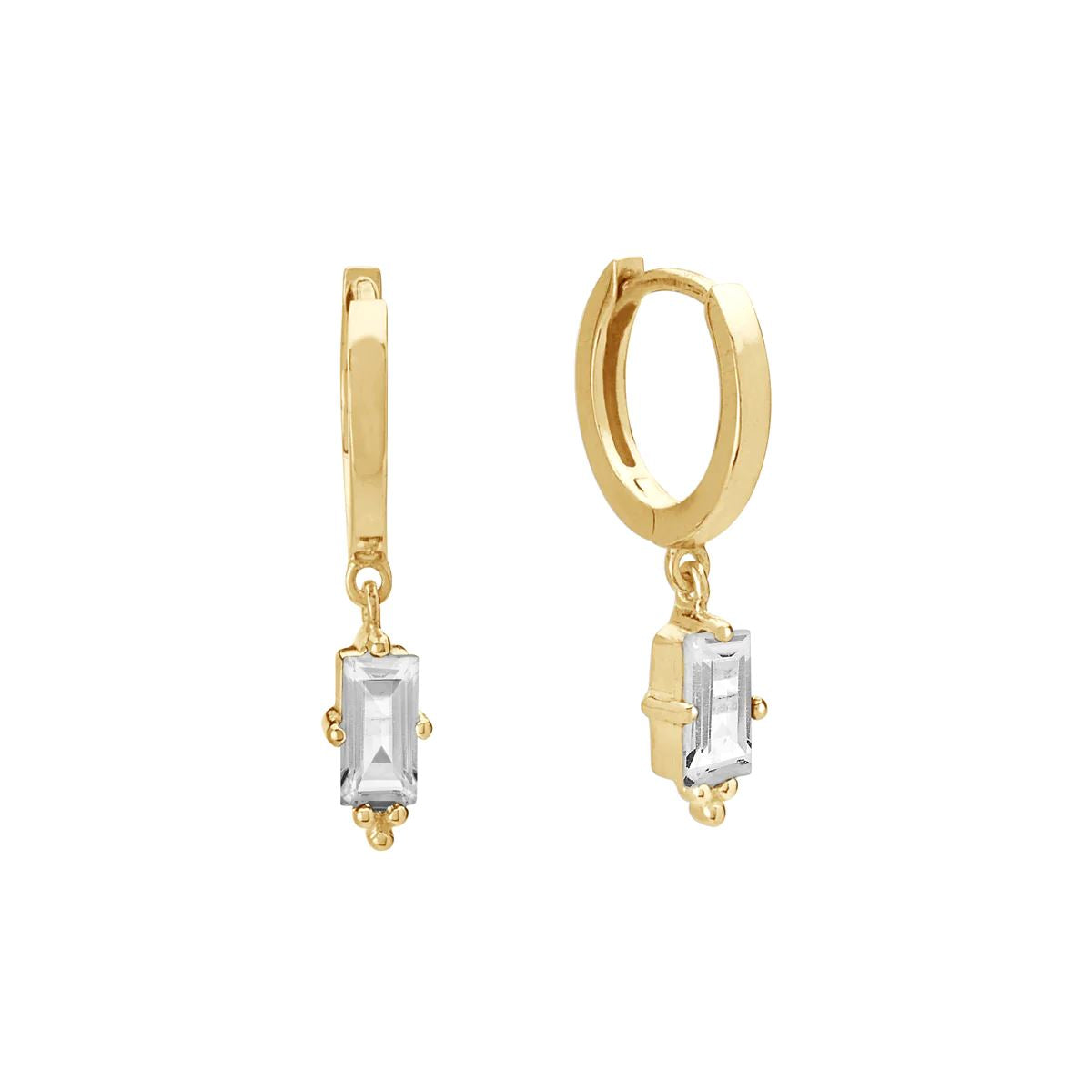 MURKANI Hanging Baguette White Topaz Huggies - 18KT Gold Plate Earrings - Zabecca Living