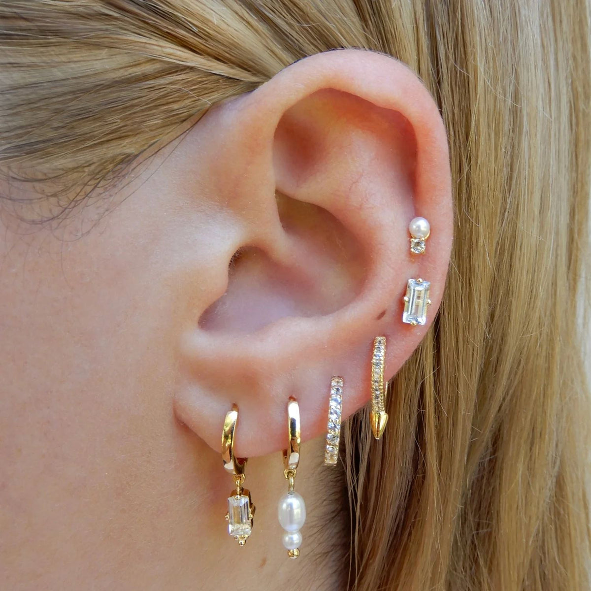 MURKANI Hanging Baguette White Topaz Huggies - 18KT Gold Plate Earrings - Zabecca Living