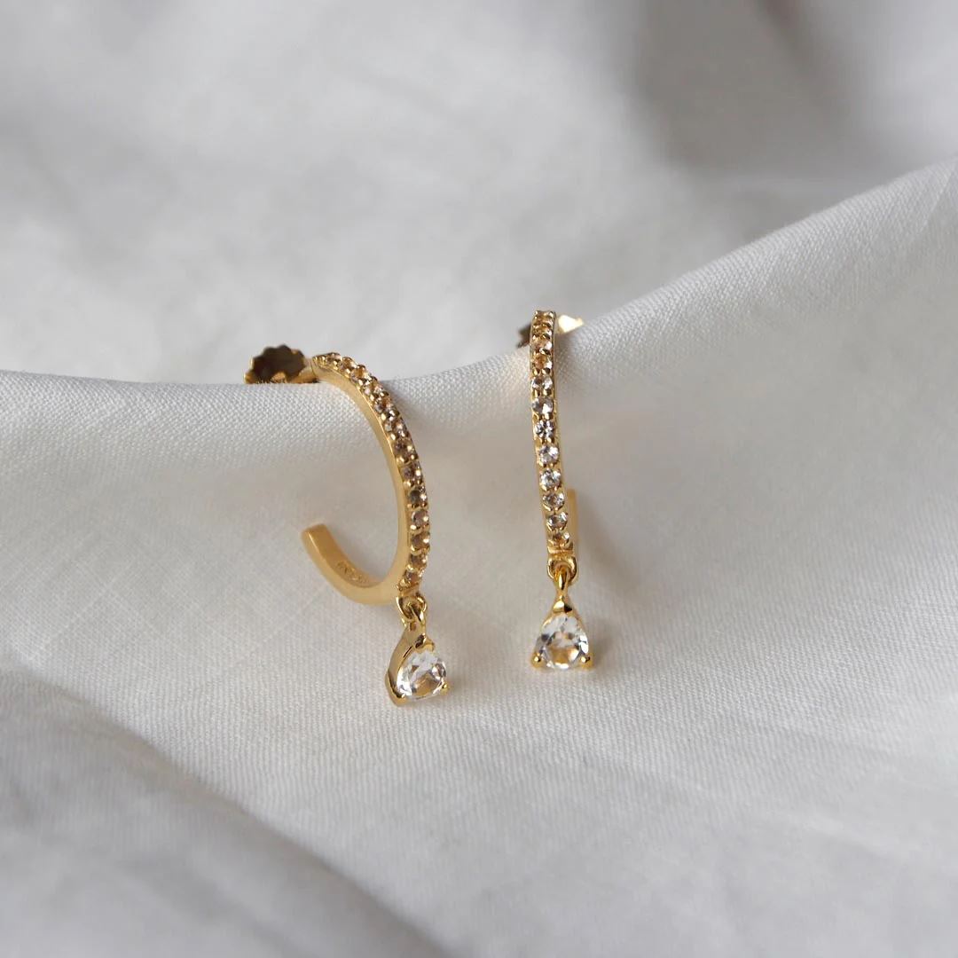 MURKANI Tear Drop Hoops White Topaz - 18KT Gold Plate Earrings - Zabecca Living