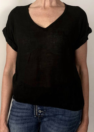 TALIA BENSON Italian Linen T-Shirt With Band One Size - Black Tees - Zabecca Living