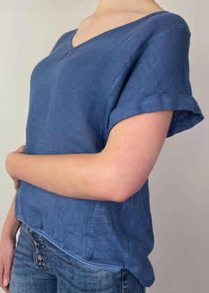 TALIA BENSON Italian Linen T-Shirt With Band One Size - Blue Denim WOMENS TOP - Zabecca Living