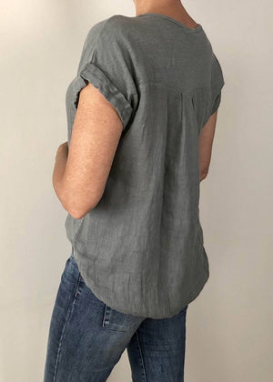 TALIA BENSON Italian Linen T-Shirt With Band One Size - Charcoal Tees - Zabecca Living