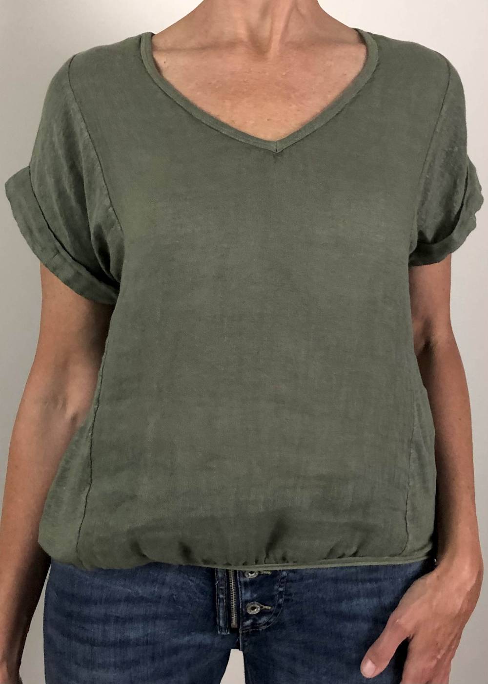TALIA BENSON Italian Linen T-Shirt With Band One Size - Khaki Tees - Zabecca Living