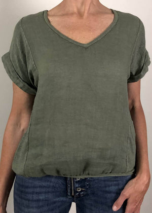 TALIA BENSON Italian Linen T-Shirt With Band One Size - Khaki Tees - Zabecca Living