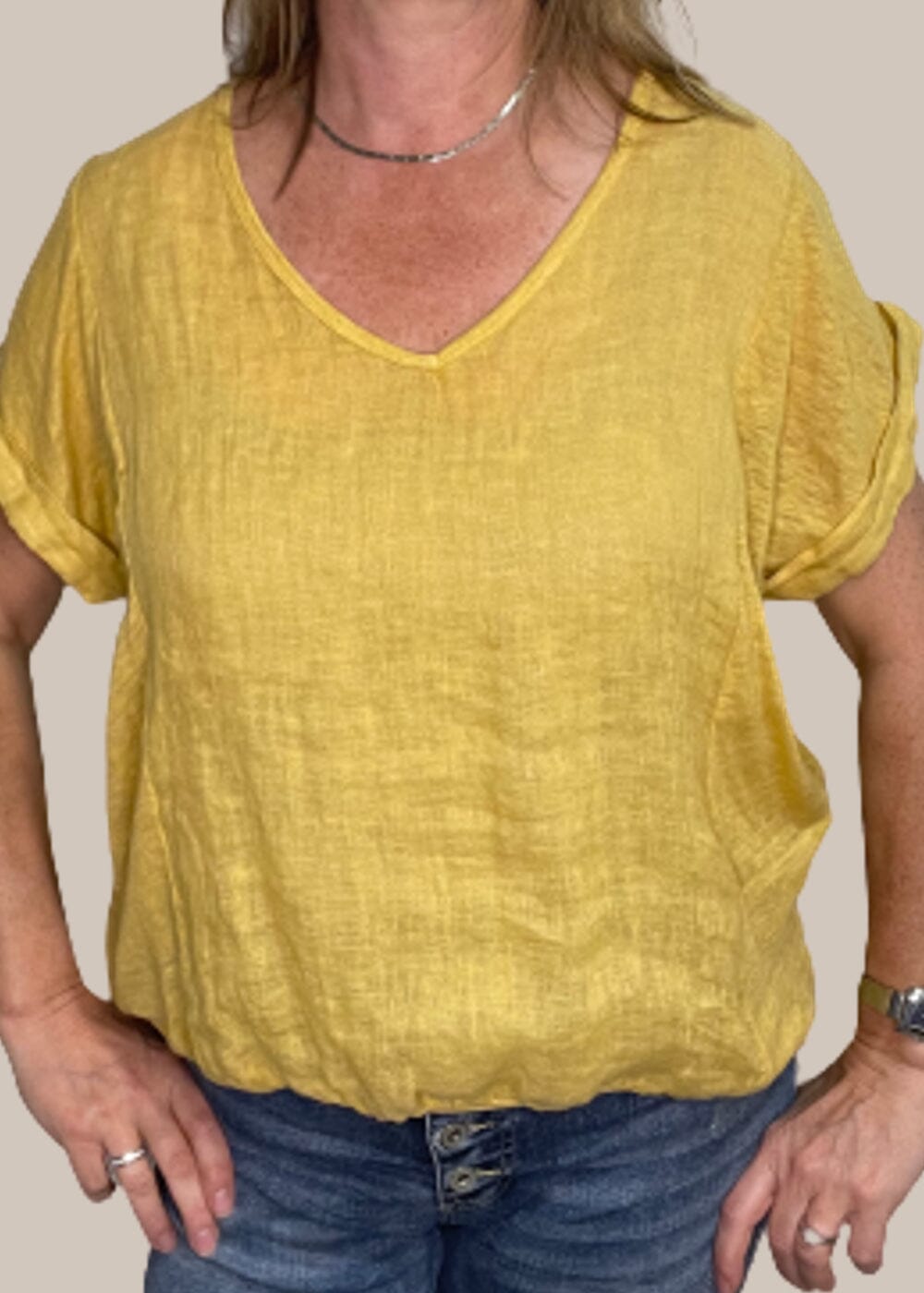 TALIA BENSON Italian Linen T-Shirt With Band One Size - Mustard Tee - Zabecca Living