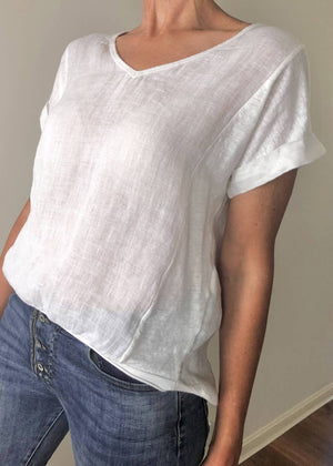 TALIA BENSON Italian Linen T-Shirt With Band One Size - White Tees - Zabecca Living