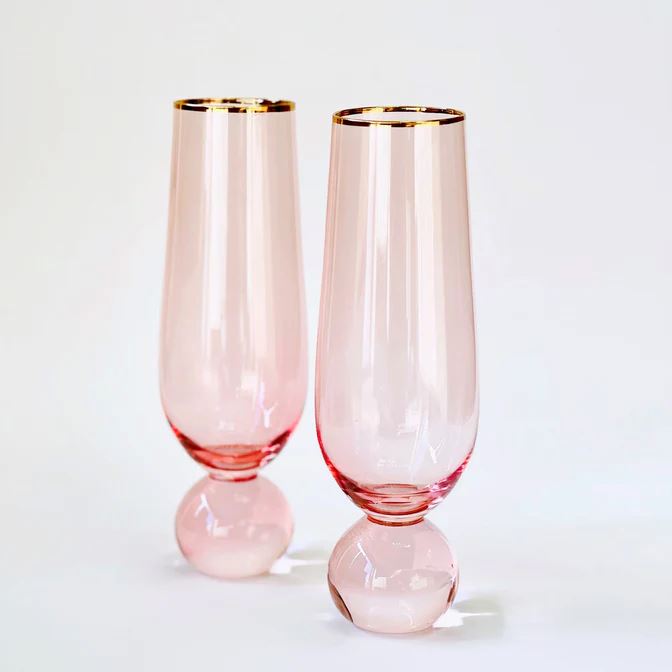 THE SOURCE Lucille Pink with Gold Rim Flute -Set of 2 DRINKWARE - Zabecca Living
