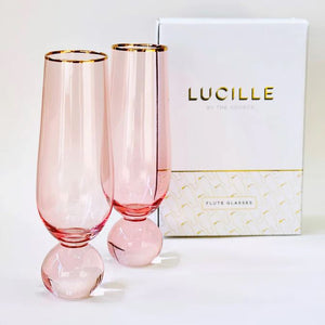 THE SOURCE Lucille Pink with Gold Rim Flute -Set of 2 DRINKWARE - Zabecca Living
