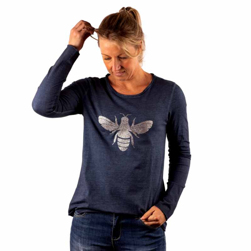 URBAN LUXURY Bee Glitter Tee - Blue Long Sleeve Tees - Zabecca Living