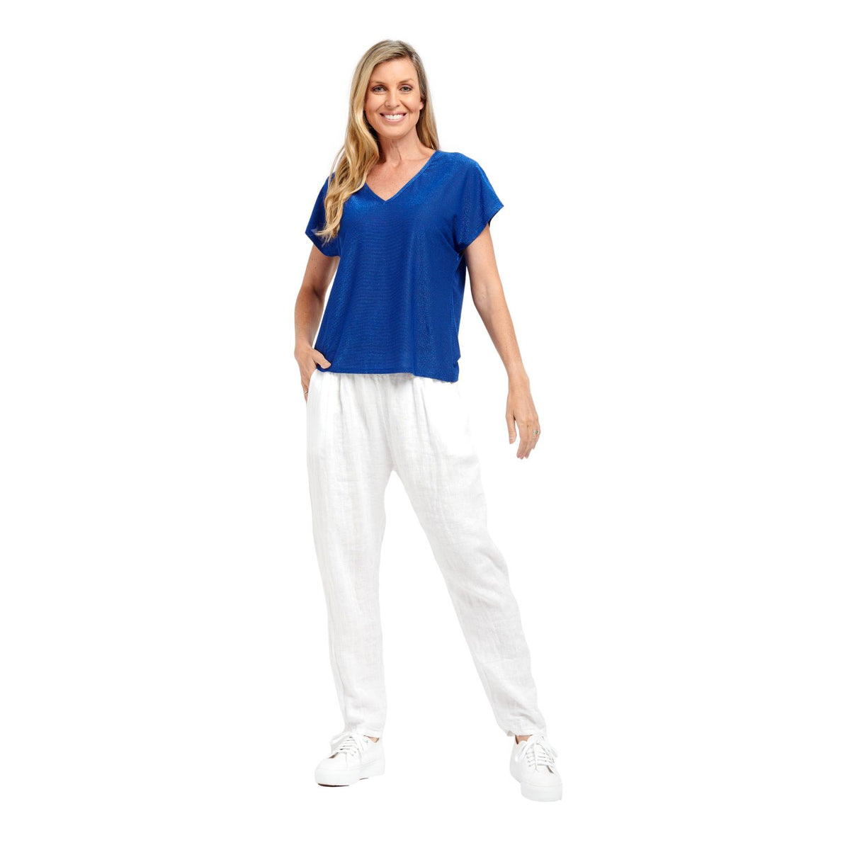 URBAN LUXURY Lurex V-Neck Top - Cobalt Tee - Zabecca Living