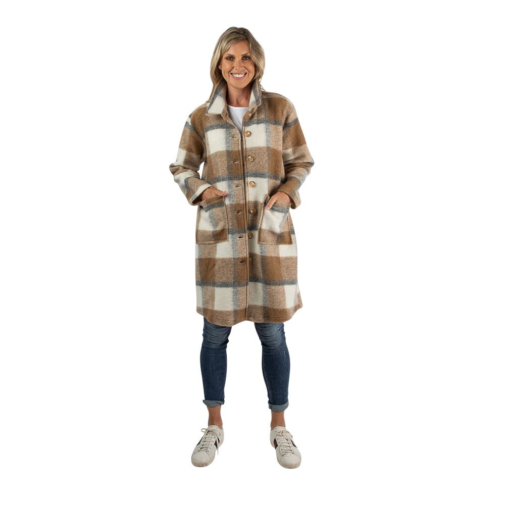URBAN LUXURY Mud White & Grey Tartan Long Coat - ONE SIZE Jackets + Coats - Zabecca Living