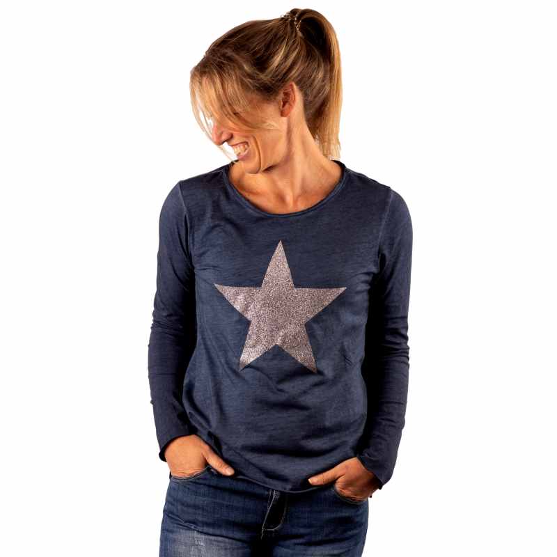 URBAN LUXURY Star Glitter Tee - Blue Long Sleeve Tees - Zabecca Living