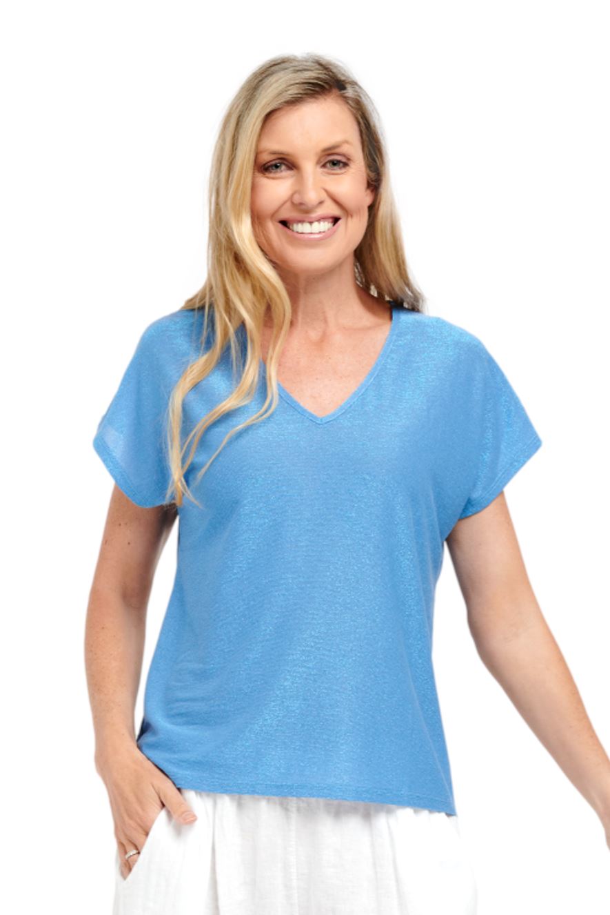URBAN LUXURY V Neck Lurex Top - Royal Blue Shirts & Blouses - Zabecca Living