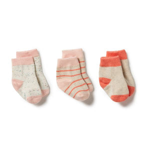 WILSON AND FRENCHY Organic 3 Pack Baby Socks - Silver Peony / Oatmeal / Coral BABY CLOTHING - Zabecca Living