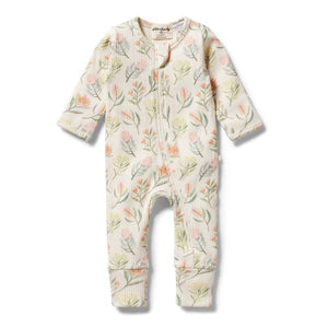 WILSON AND FRENCHY Organic Rib Zipsuit with Feet - Pretty Floral BABY CLOTHING - Zabecca Living