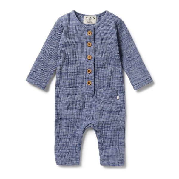 WILSON AND FRENCHY Organic Waffle Slouch Growsuit - Blue Fleck BABY CLOTHING - Zabecca Living