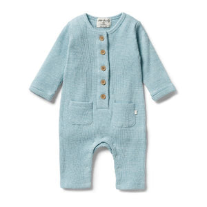 WILSON AND FRENCHY Organic Waffle Slouch Growsuit - Mint Fleck BABY CLOTHING - Zabecca Living