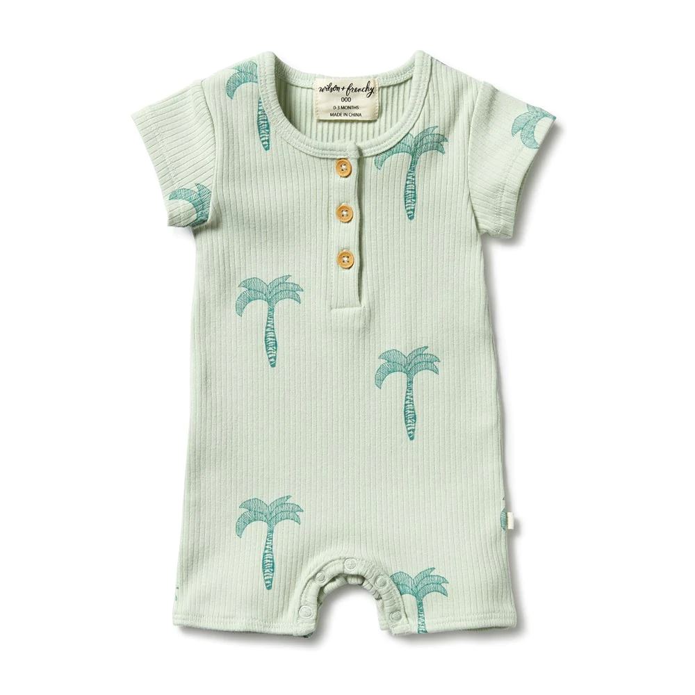 WILSON & FRENCHY Organic Rib Henley Growsuit - Palm Tree BABY CLOTHING - Zabecca Living