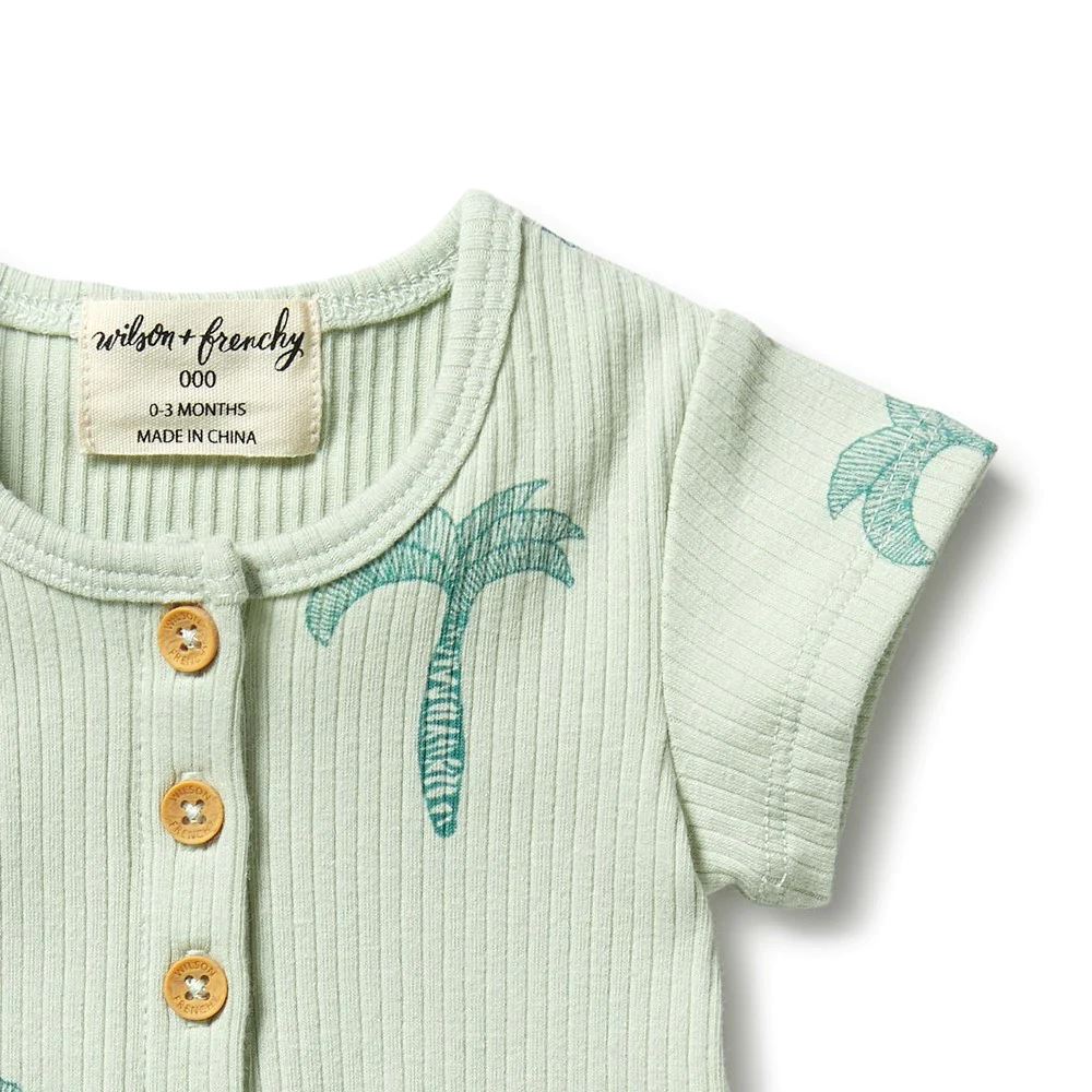WILSON & FRENCHY Organic Rib Henley Growsuit - Palm Tree BABY CLOTHING - Zabecca Living