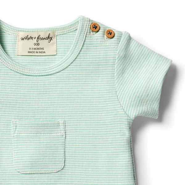WILSON & FRENCHY Organic Stripe Boyleg Growsuit - Neon Mint Ecru BABY CLOTHING - Zabecca Living