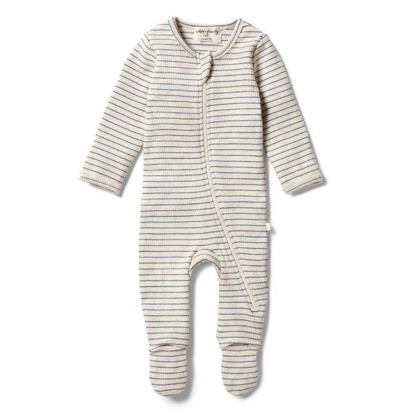 WILSON & FRENCHY Organic Stripe Rib Zipsuit - Denim Blue BABY CLOTHING - Zabecca Living