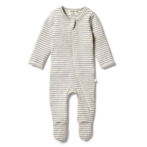 WILSON & FRENCHY Organic Stripe Rib Zipsuit - Denim Blue BABY CLOTHING - Zabecca Living