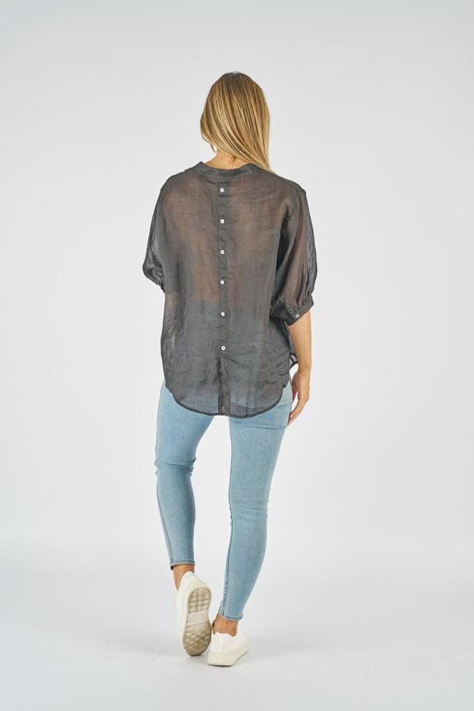 WORTHIER THE LABEL Button Back Linen Shirt - Black Shirts & Blouses - Zabecca Living