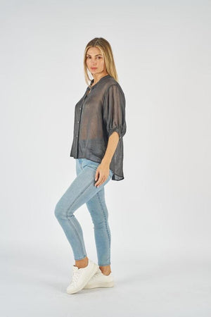 WORTHIER THE LABEL Button Back Linen Shirt - Black Shirts & Blouses - Zabecca Living