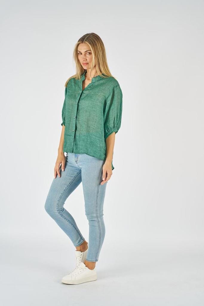 WORTHIER THE LABEL Button Back Linen Shirt - Emerald Shirts & Blouses - Zabecca Living
