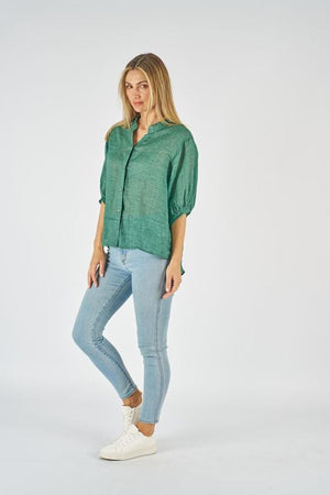 WORTHIER THE LABEL Button Back Linen Shirt - Emerald Shirts & Blouses - Zabecca Living