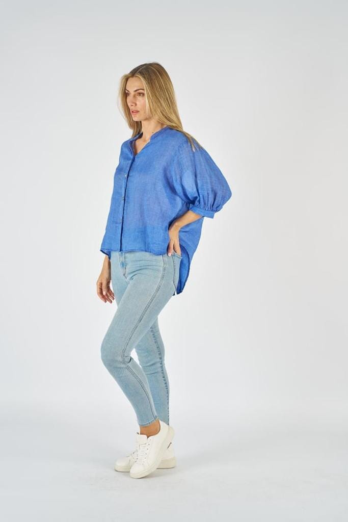 WORTHIER THE LABEL Button Back Linen Shirt - Royal Shirts & Blouses - Zabecca Living