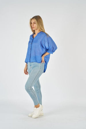 WORTHIER THE LABEL Button Back Linen Shirt - Royal Shirts & Blouses - Zabecca Living